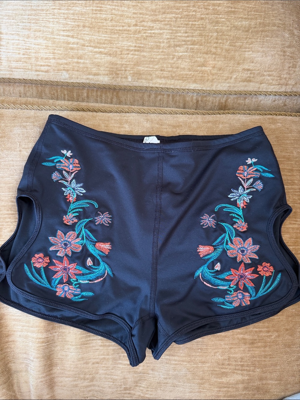 UO Black Women’s High-Waist Embroidered active leisure Swim Shorts cutout